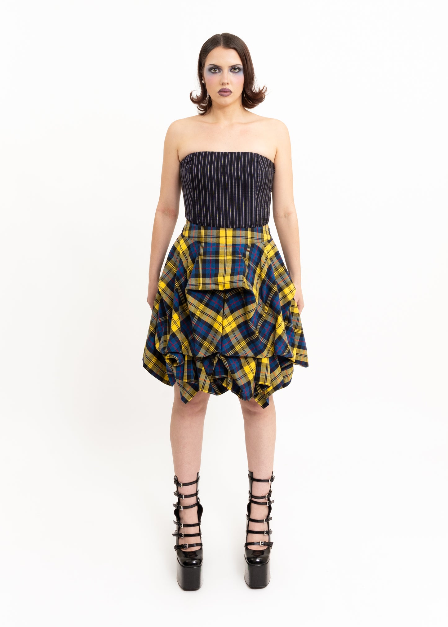 Structured tartan pin tuck skirt- yellow/ blue plaid