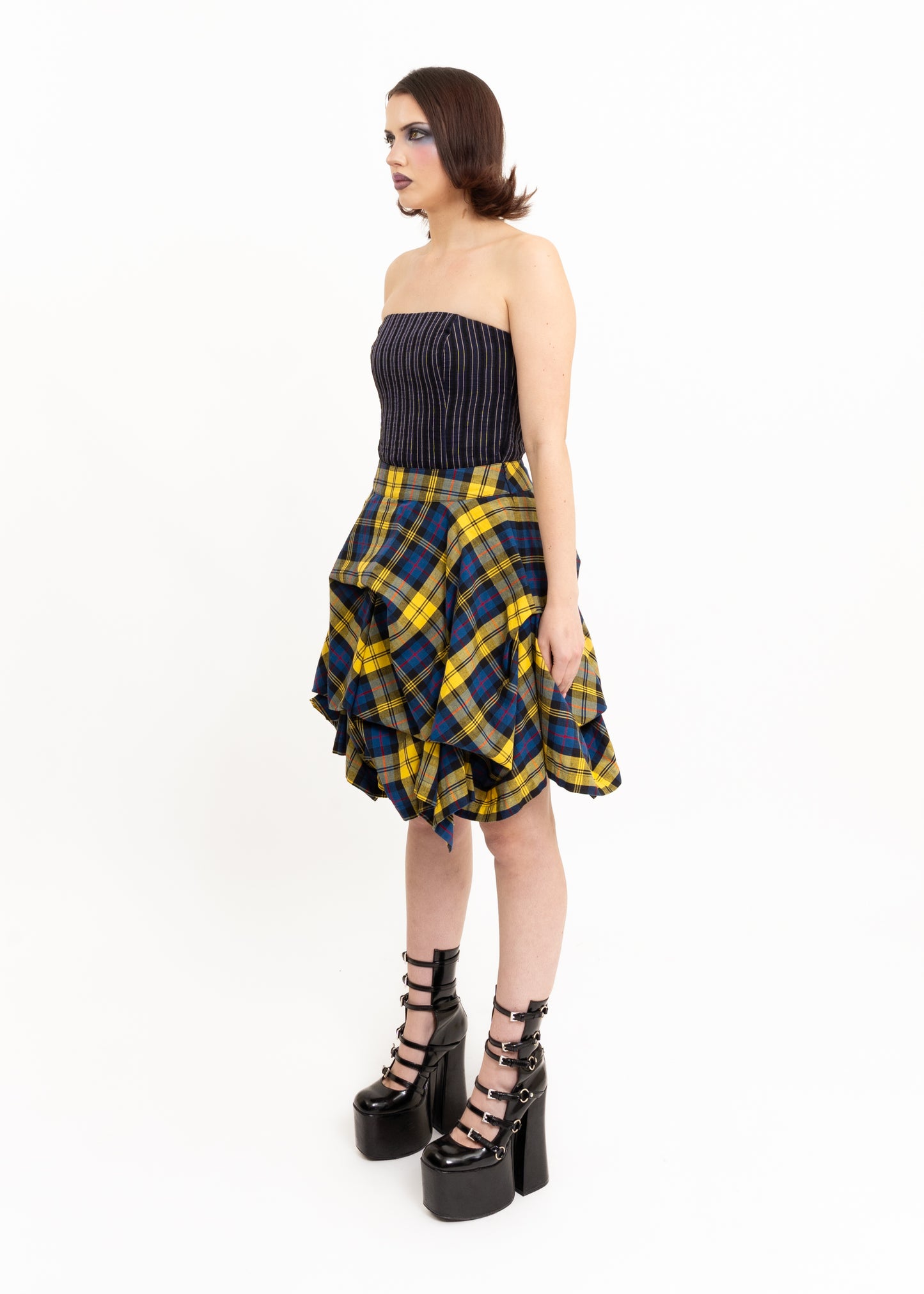 Structured tartan pin tuck skirt- yellow/ blue plaid