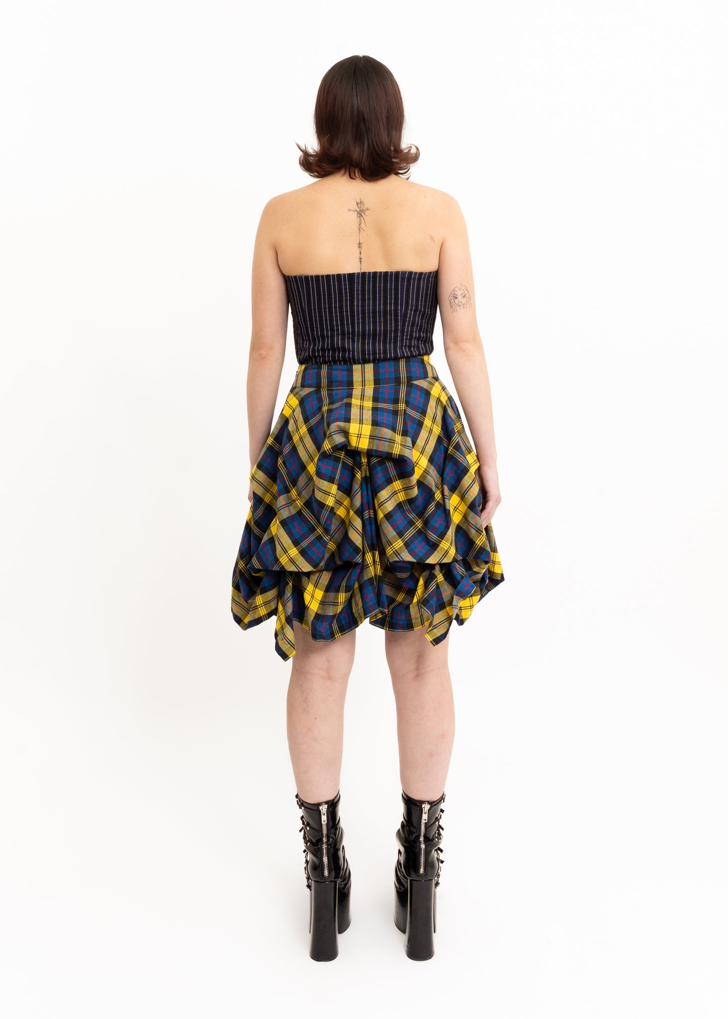 Structured tartan pin tuck skirt- yellow/ blue plaid
