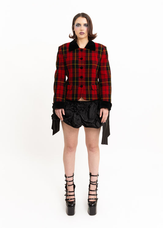 Japanese vintage tartan jacket with velvet cuffs and collar