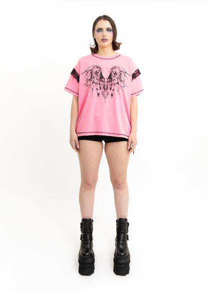 Anahera T-Shirt- Pink/ Lace Trim