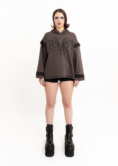 Anahera Long Sleeve Hooded T-Shirt- lace trim