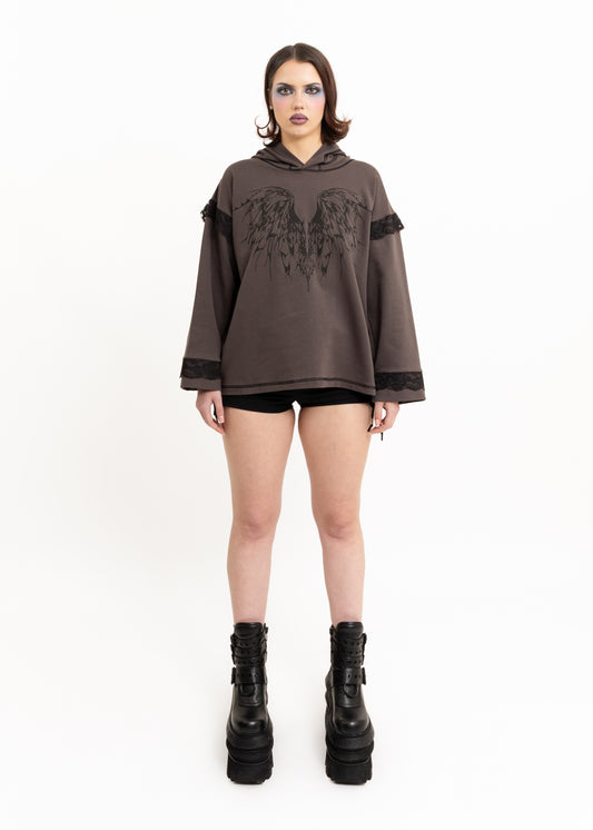 Anahera Long Sleeve Hooded T-Shirt- lace trim