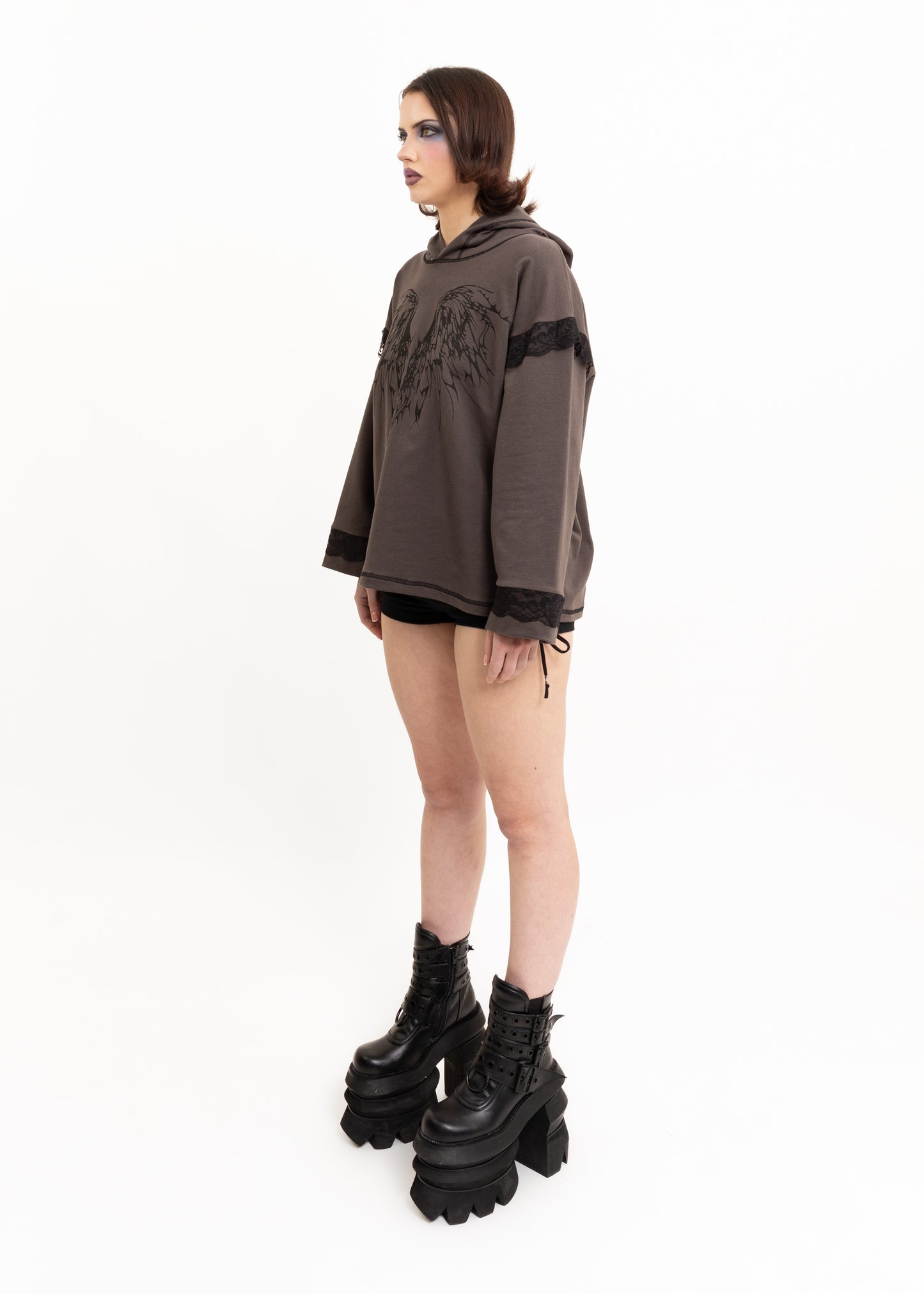 Anahera Long Sleeve Hooded T-Shirt- lace trim