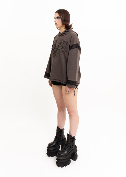 Anahera Long Sleeve Hooded T-Shirt- lace trim
