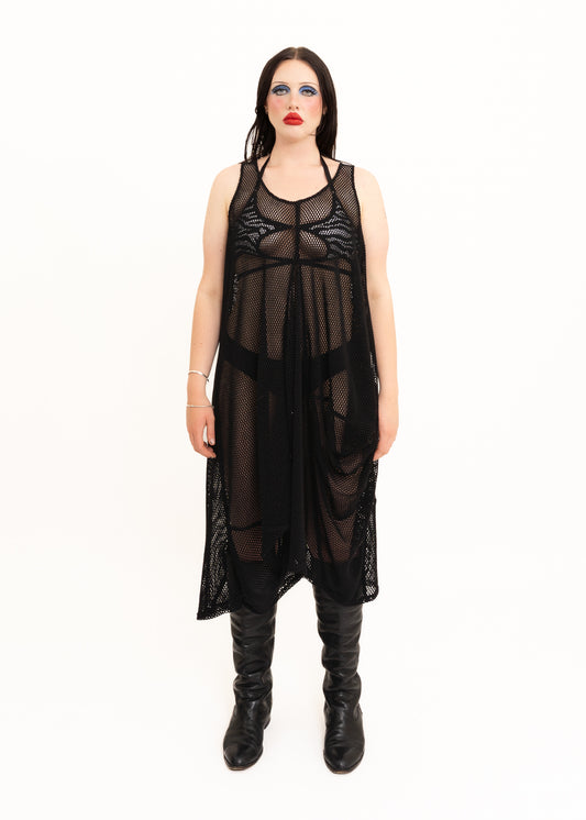Asymmetric fishnet mesh dress