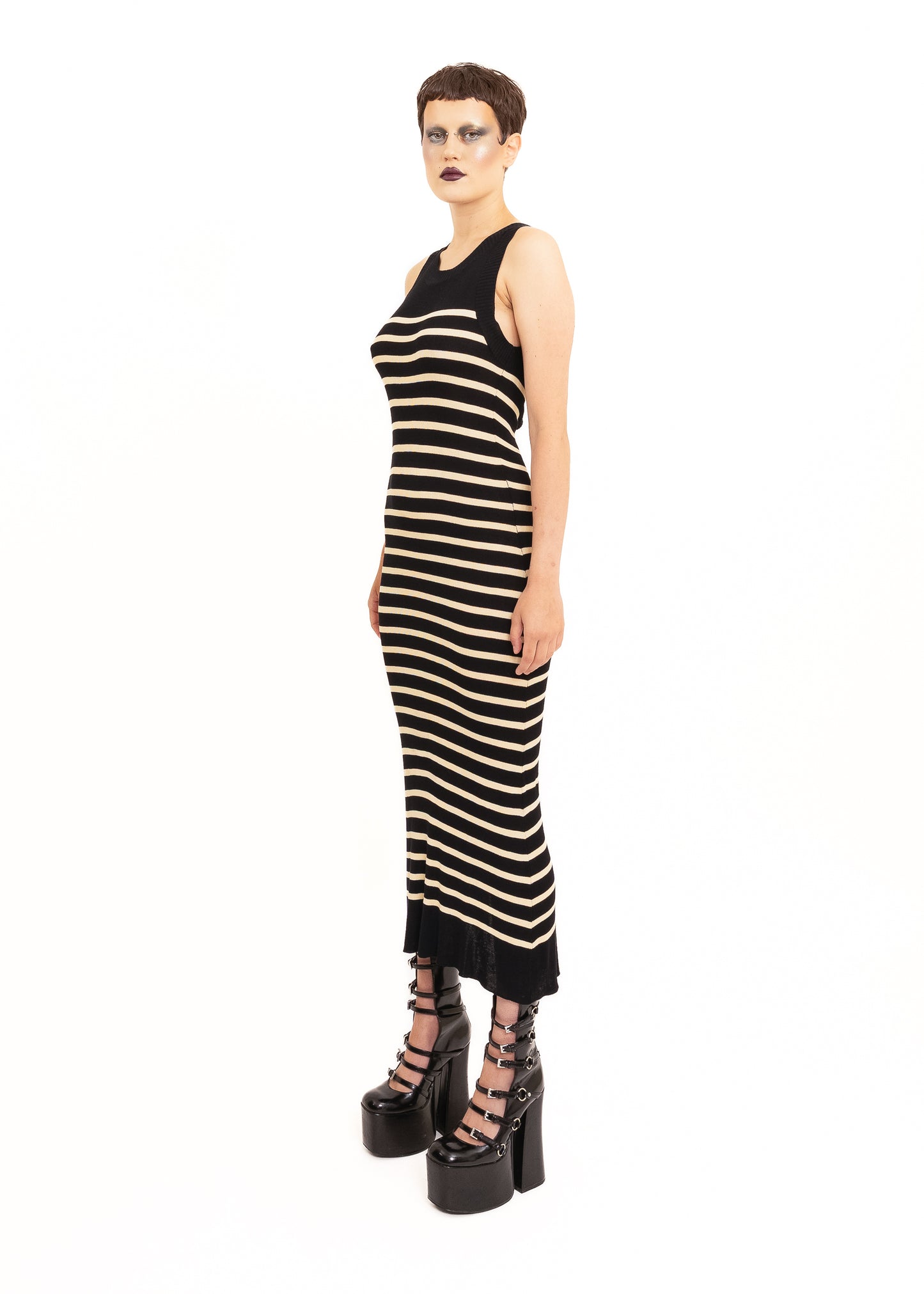 Striped knit maxi dress with keyhole back