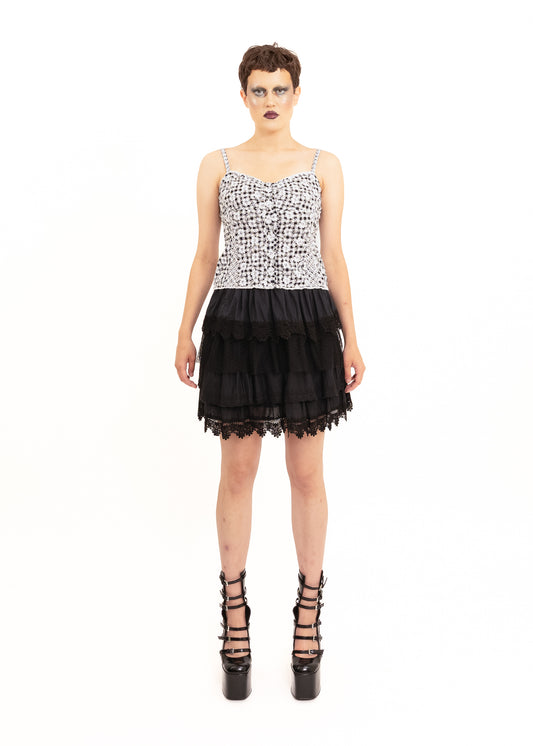 Tiered silk/ cotton lace trimmed mini skirt