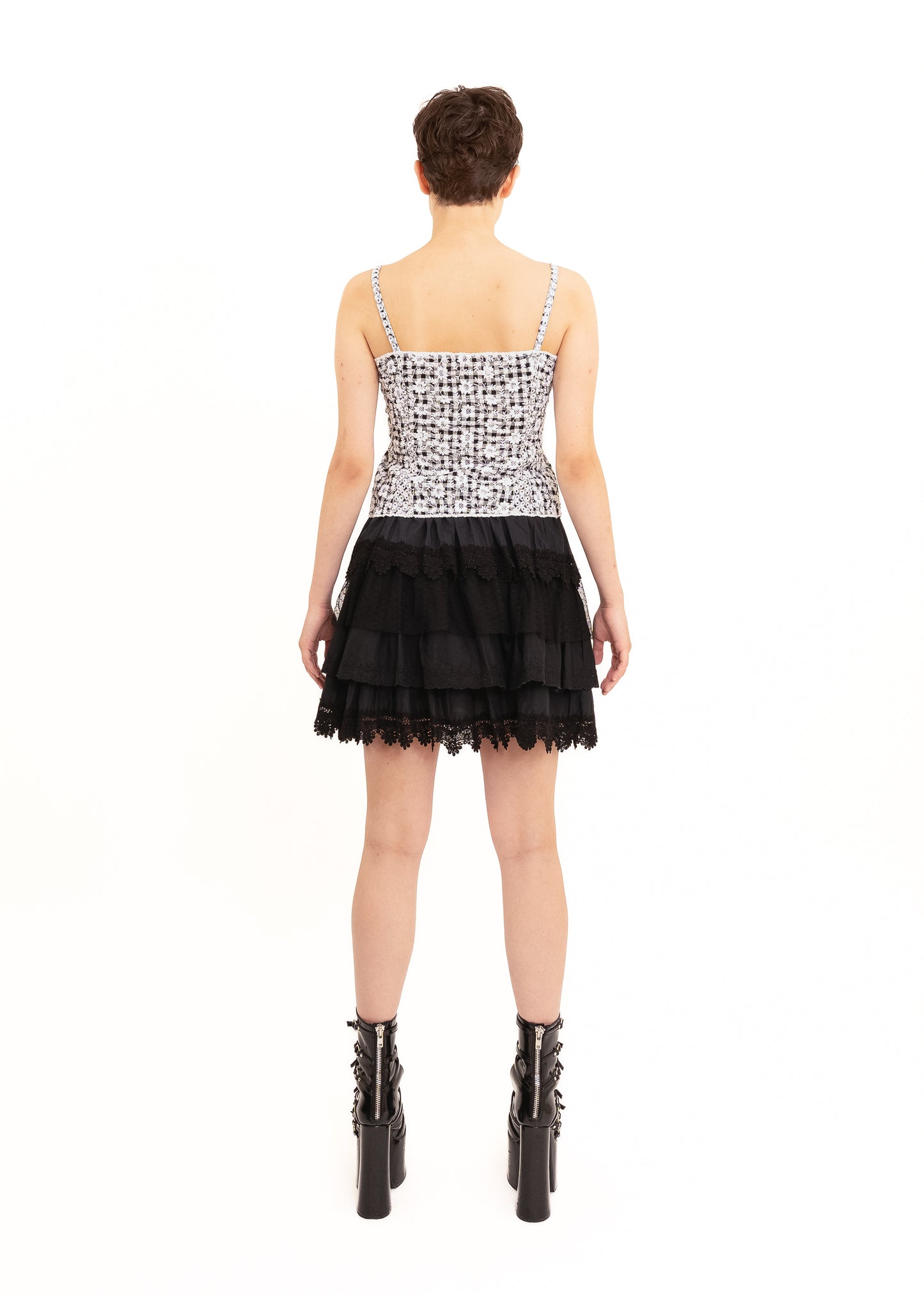 Tiered silk/ cotton lace trimmed mini skirt
