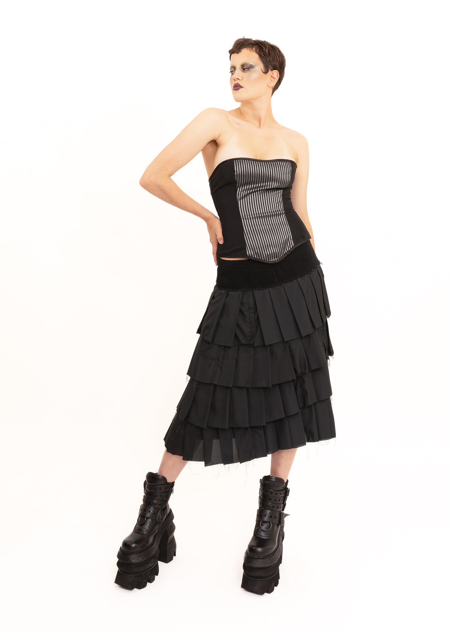 Pinstriped reversible satin corset