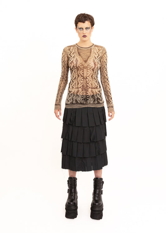 Trompe l'oeil cable knit print mesh top