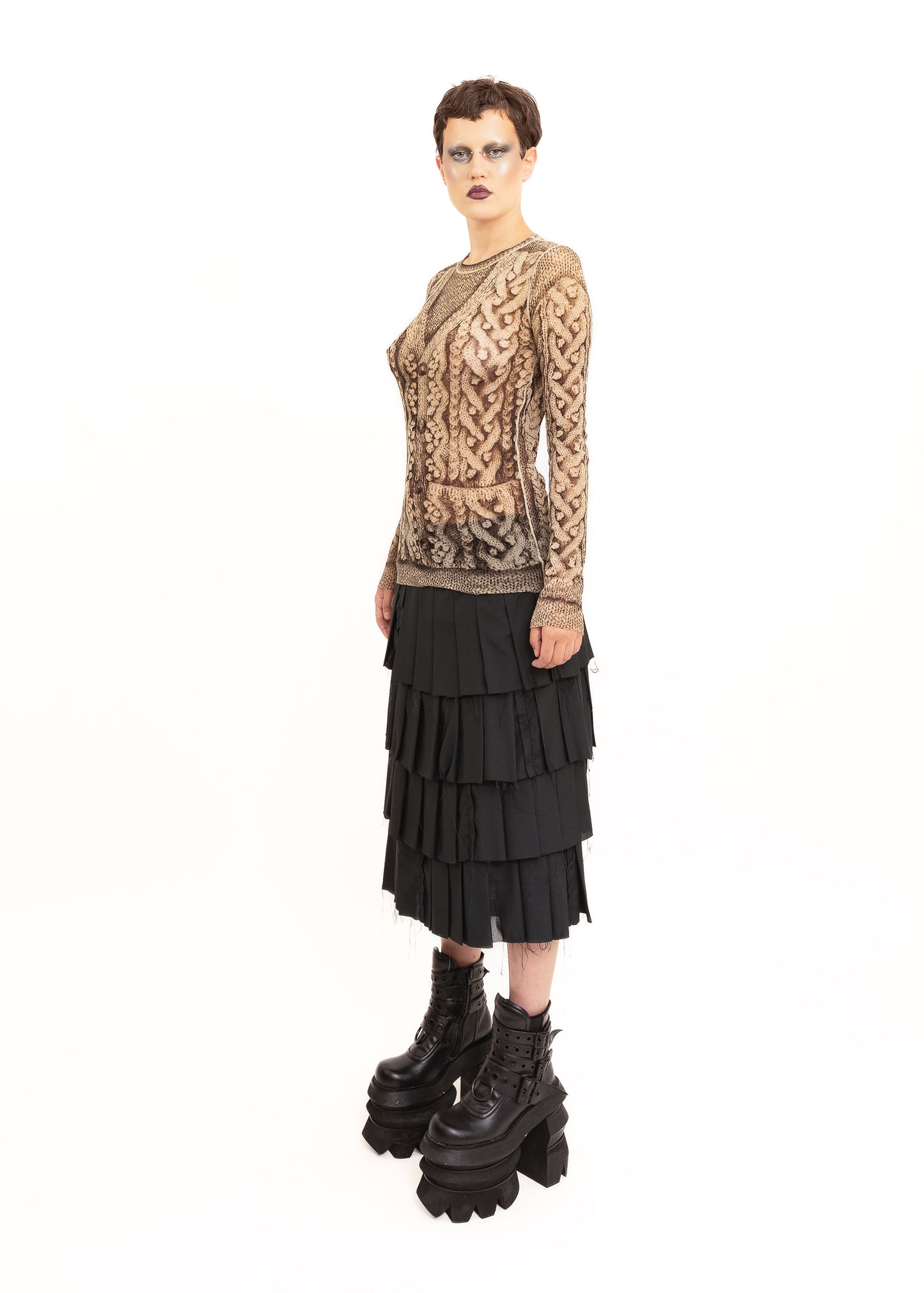 Trompe l'oeil cable knit print mesh top