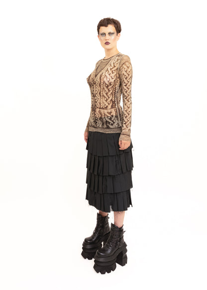 Trompe l'oeil cable knit print mesh top