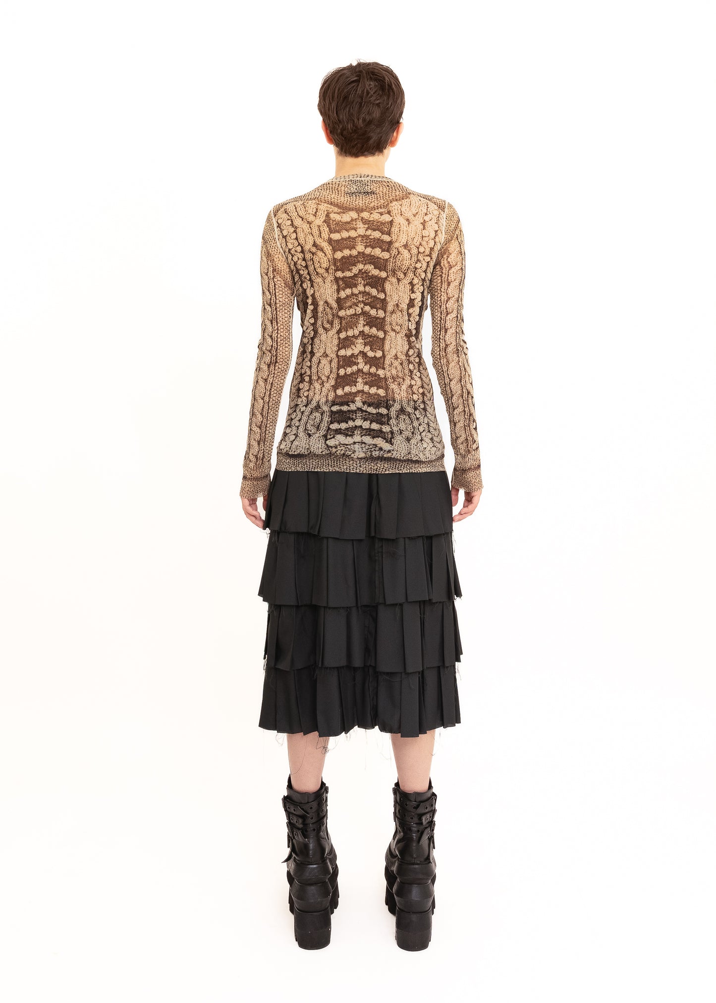Trompe l'oeil cable knit print mesh top