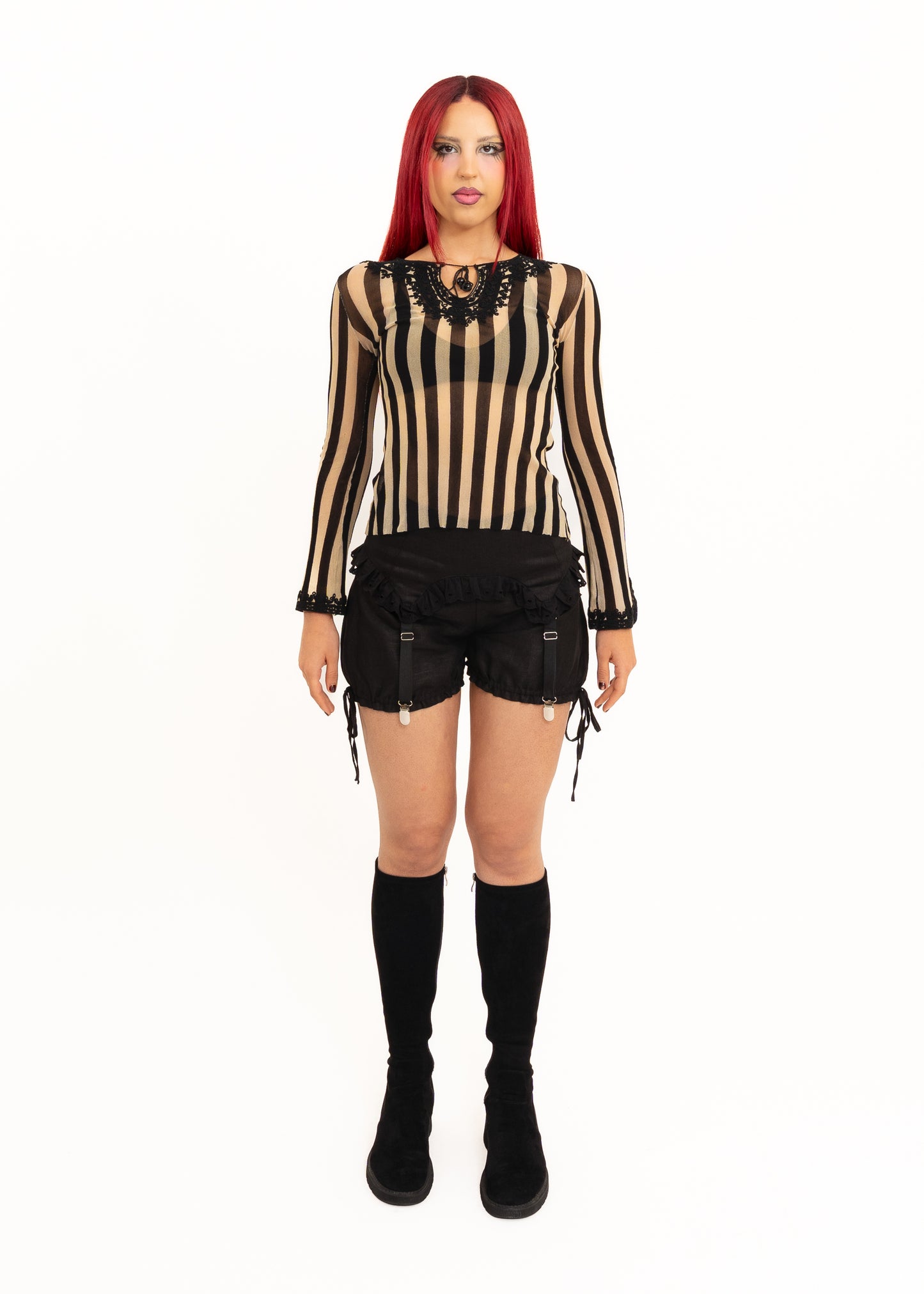 90s vintage striped mesh top with lace trims