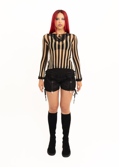 90s vintage striped mesh top with lace trims