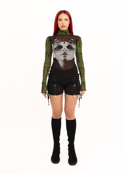 Earthling print long sleeve mesh top- black/ green
