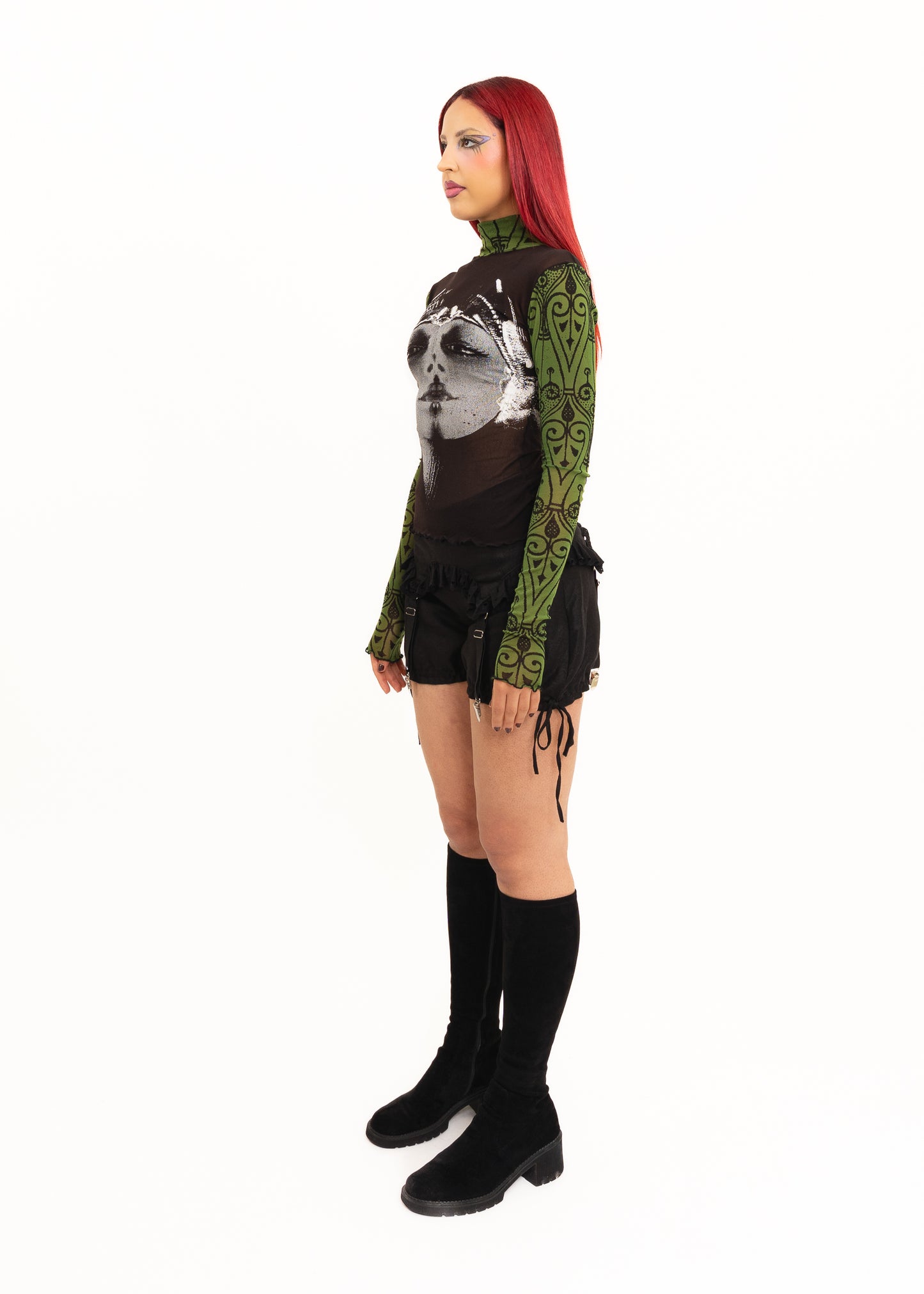 Earthling print long sleeve mesh top- black/ green