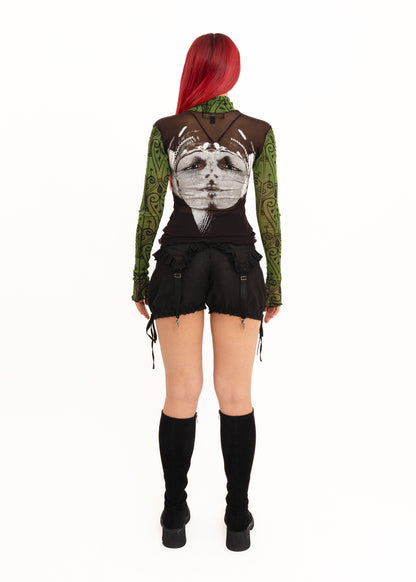 Earthling print long sleeve mesh top- black/ green