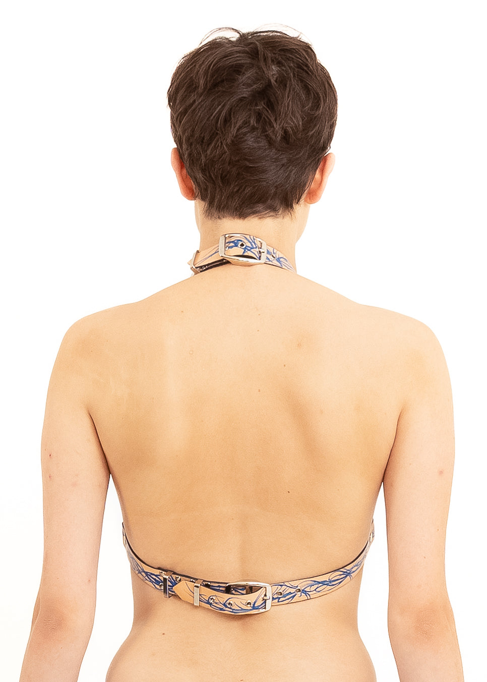 Hand painted leather halter bikini top- blue