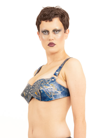Hand Painted Leather Bullet Bra- blue/ silver