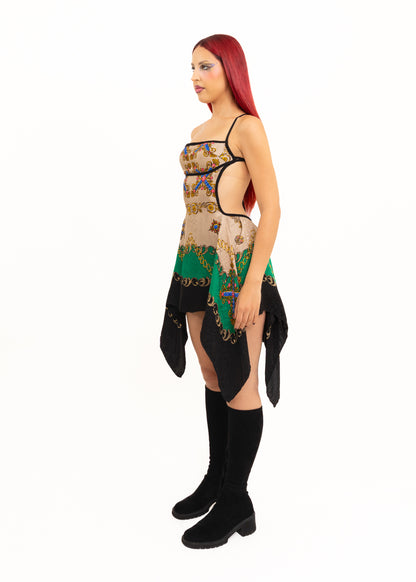 Odyssey Silk Scarf Dress- green/ beige