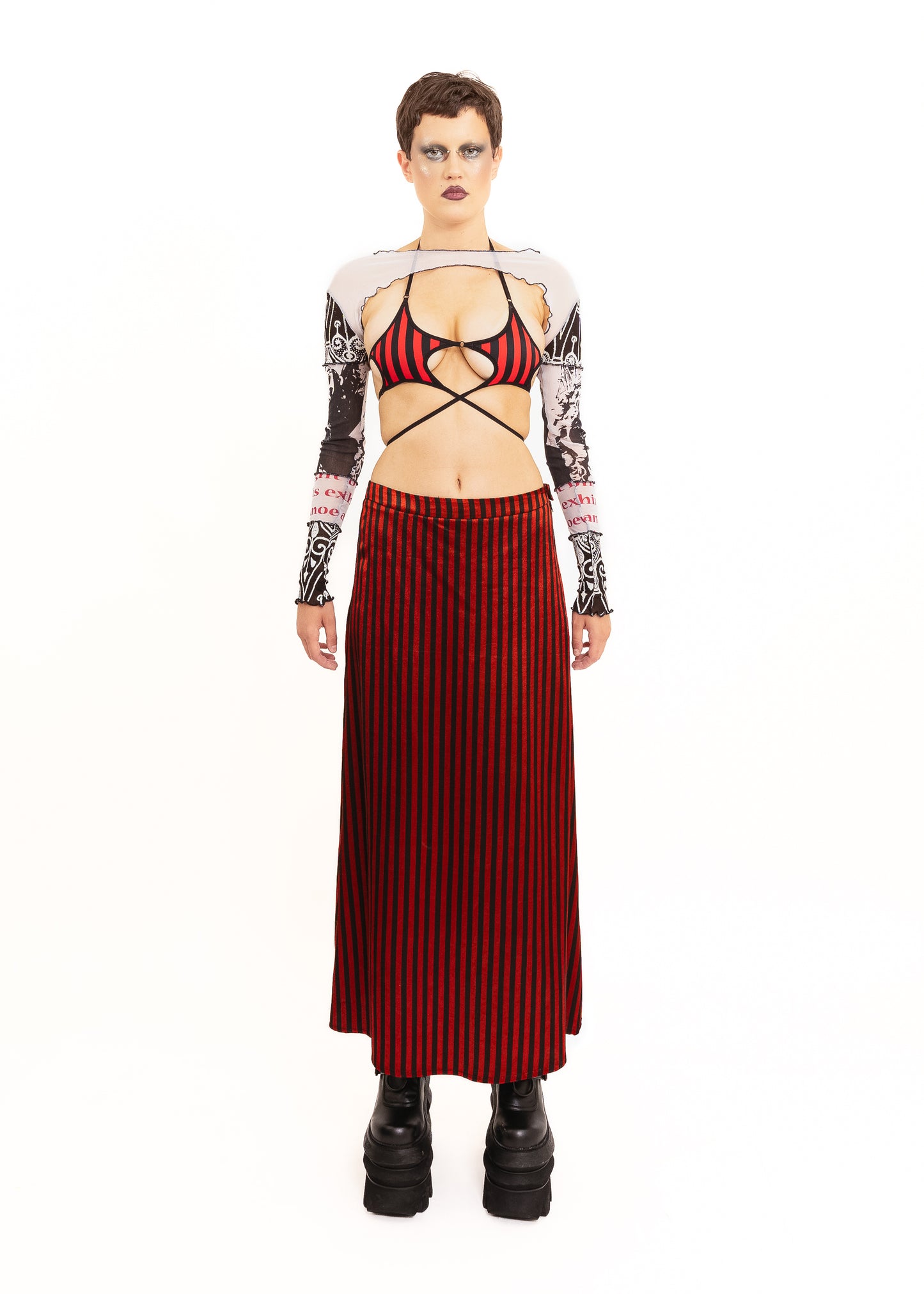 Egyptian Shahi Silk Maxi Skirt- red/ black stripe