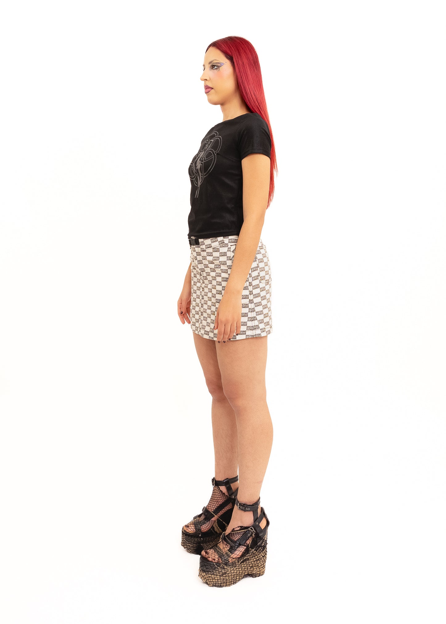 Logo print checkerboard denim mini skirt