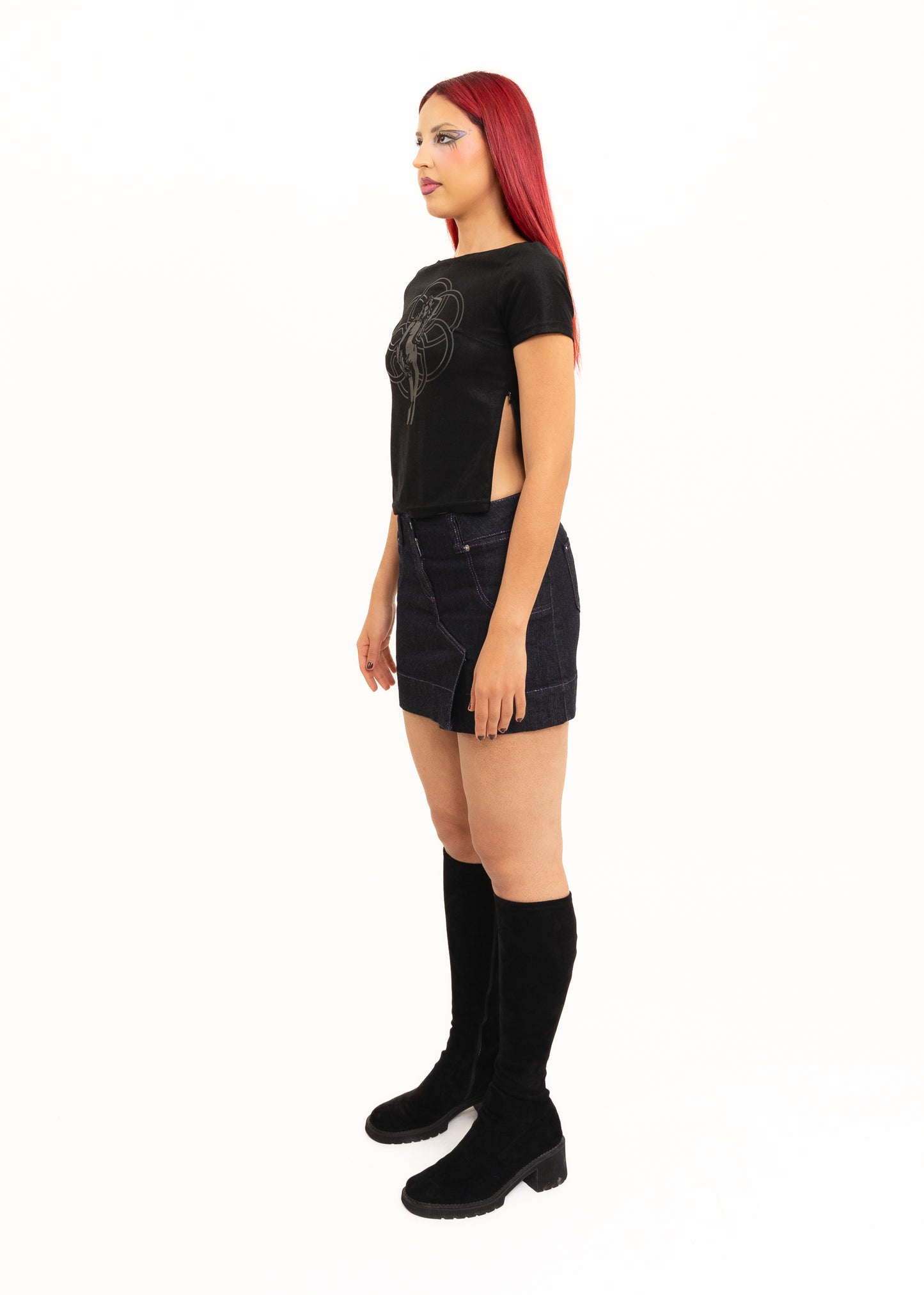 Orb embroidered denim mini skirt