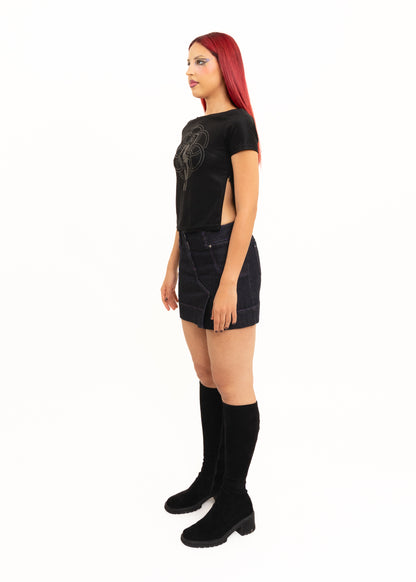 Orb embroidered denim mini skirt