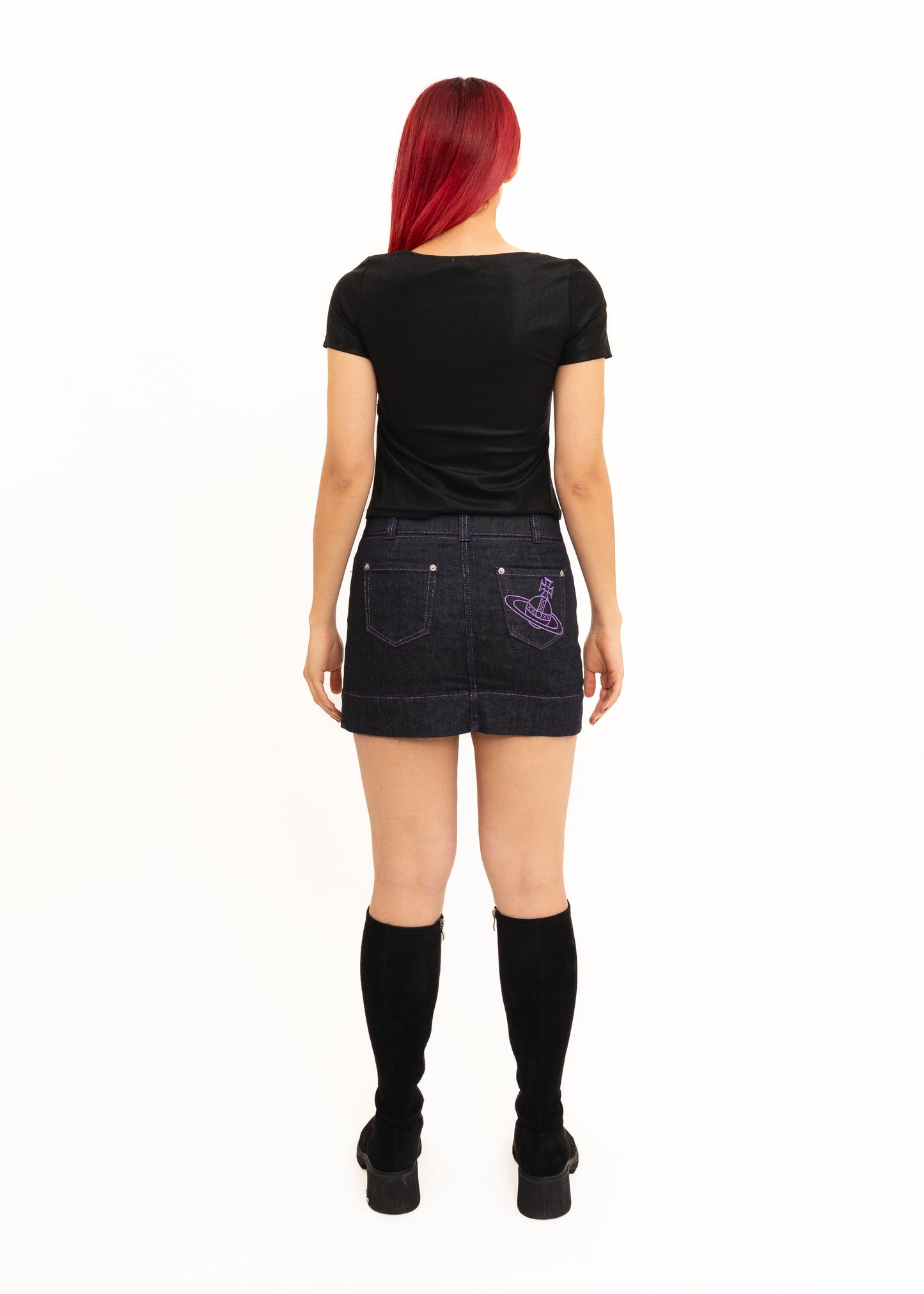 Orb embroidered denim mini skirt