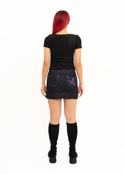 Orb embroidered denim mini skirt
