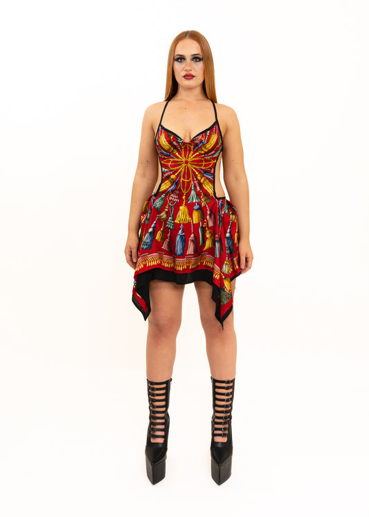 Odyssey Silk Scarf Dress- deep red tassel