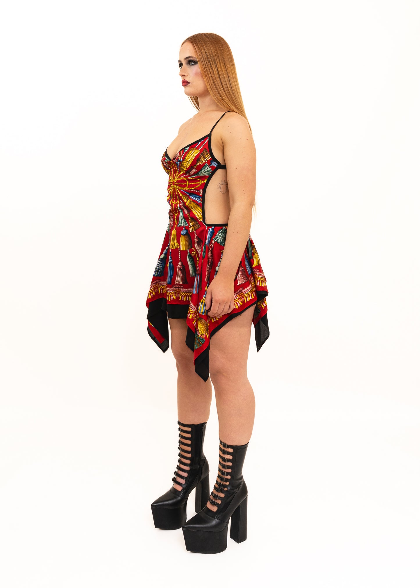 Odyssey Silk Scarf Dress- deep red tassel