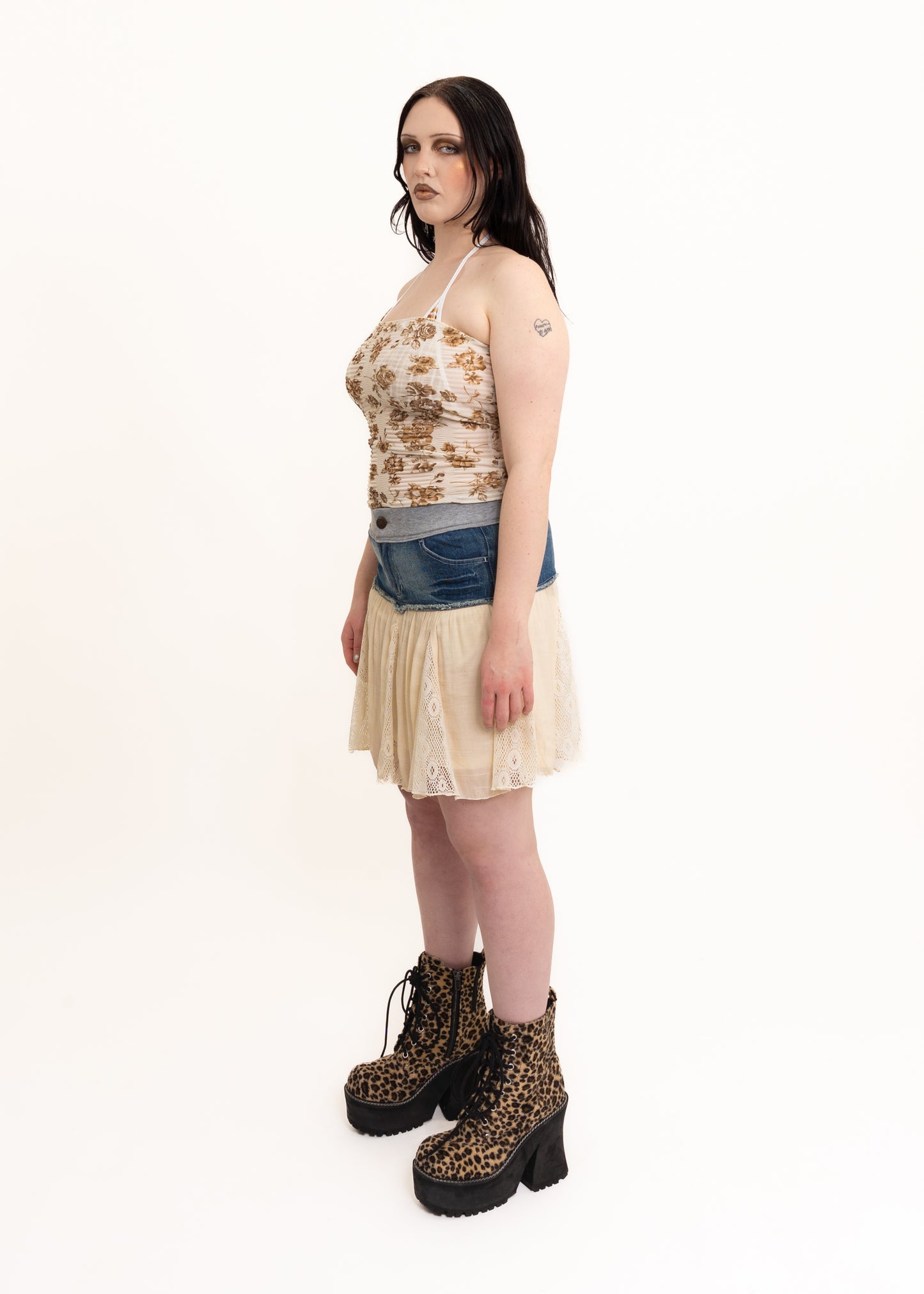 "Remake" style denim/ lace panelled mini skirt