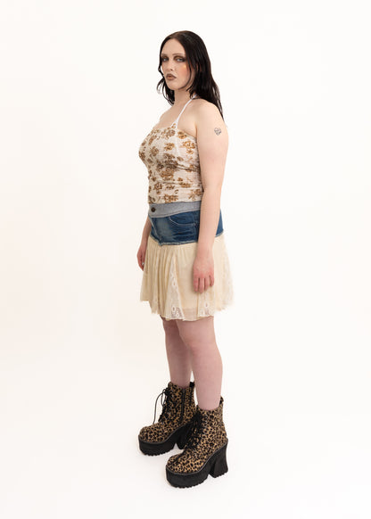 "Remake" style denim/ lace panelled mini skirt