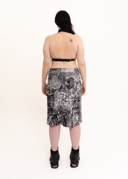 90s vintage hieroglyphic print midi skirt