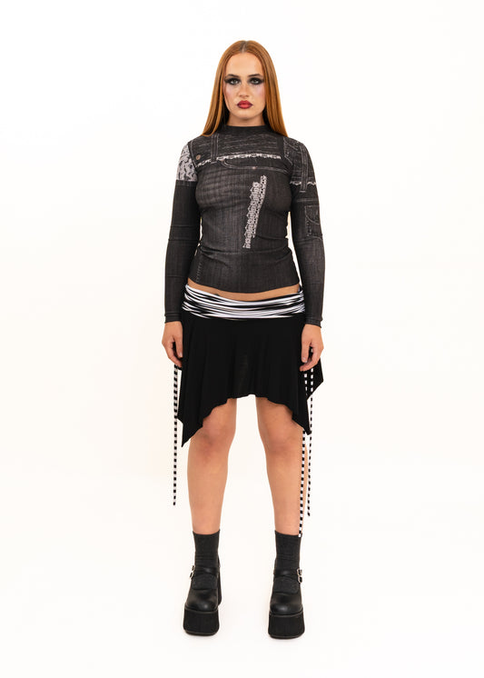 Nightwarp Top- Black Trompe L'oeil Denim