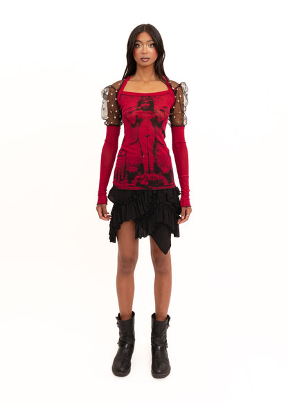 Lilith puff sleeve screen printed mesh top