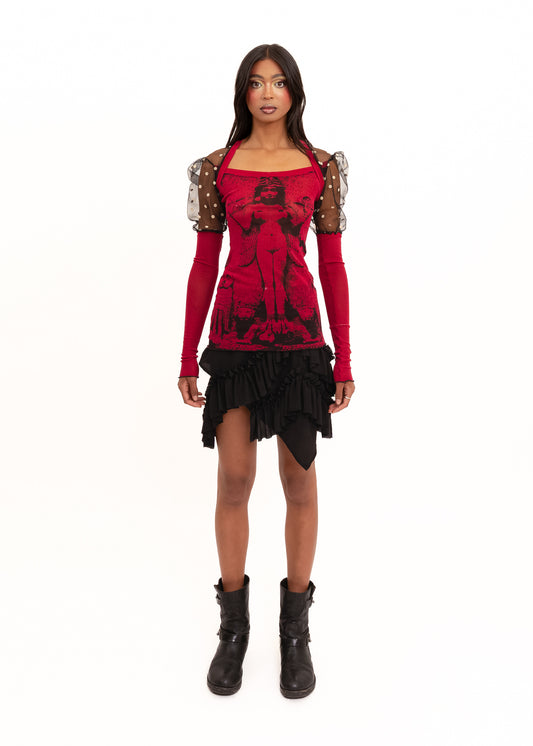 Lilith puff sleeve screen printed mesh top