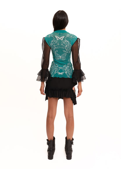 Ornate/ butterfly print frill sleeve mesh top