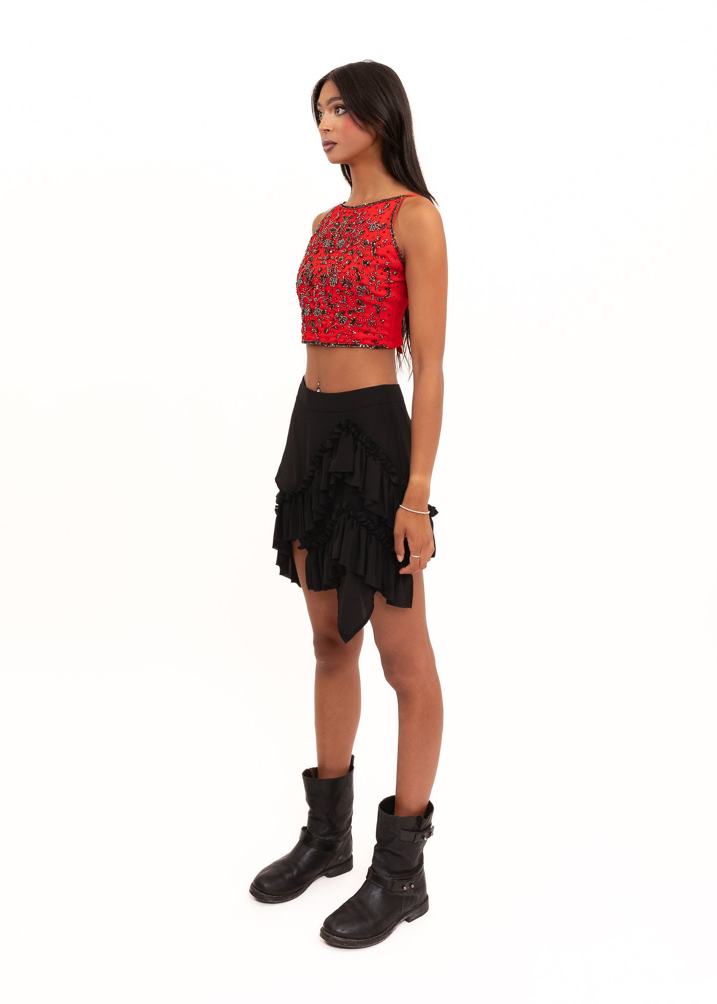 Beaded silk crop top with corset back