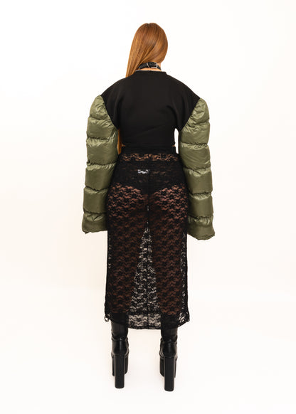 Neoprene jacket with exaggerated puffer sleeves