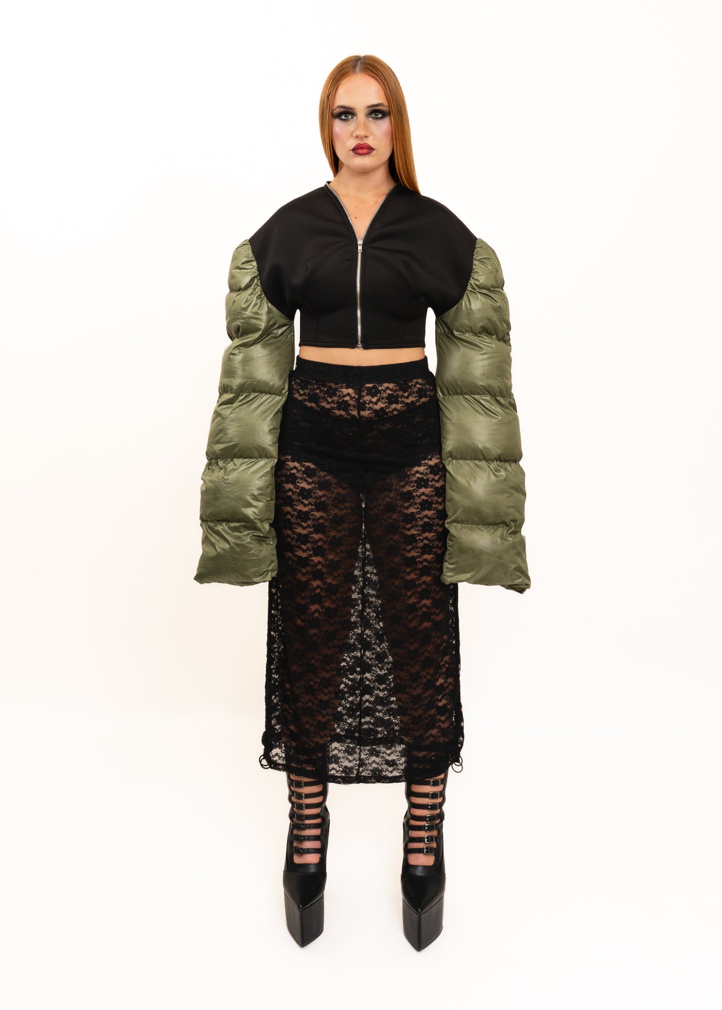 Neoprene jacket with exaggerated puffer sleeves