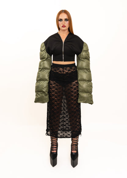 Neoprene jacket with exaggerated puffer sleeves