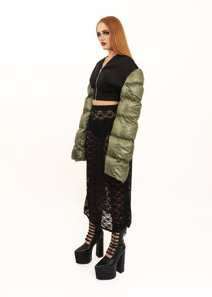 Neoprene jacket with exaggerated puffer sleeves