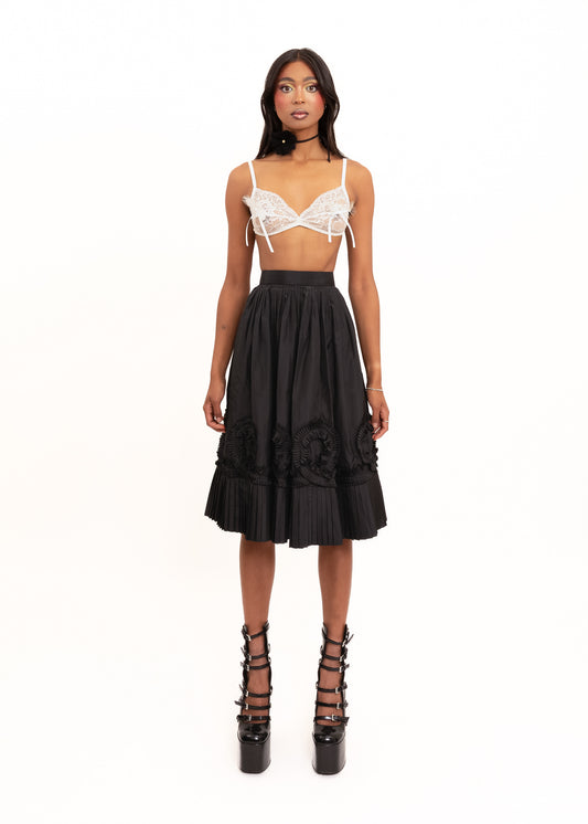 Rosette trim sateen midi skirt