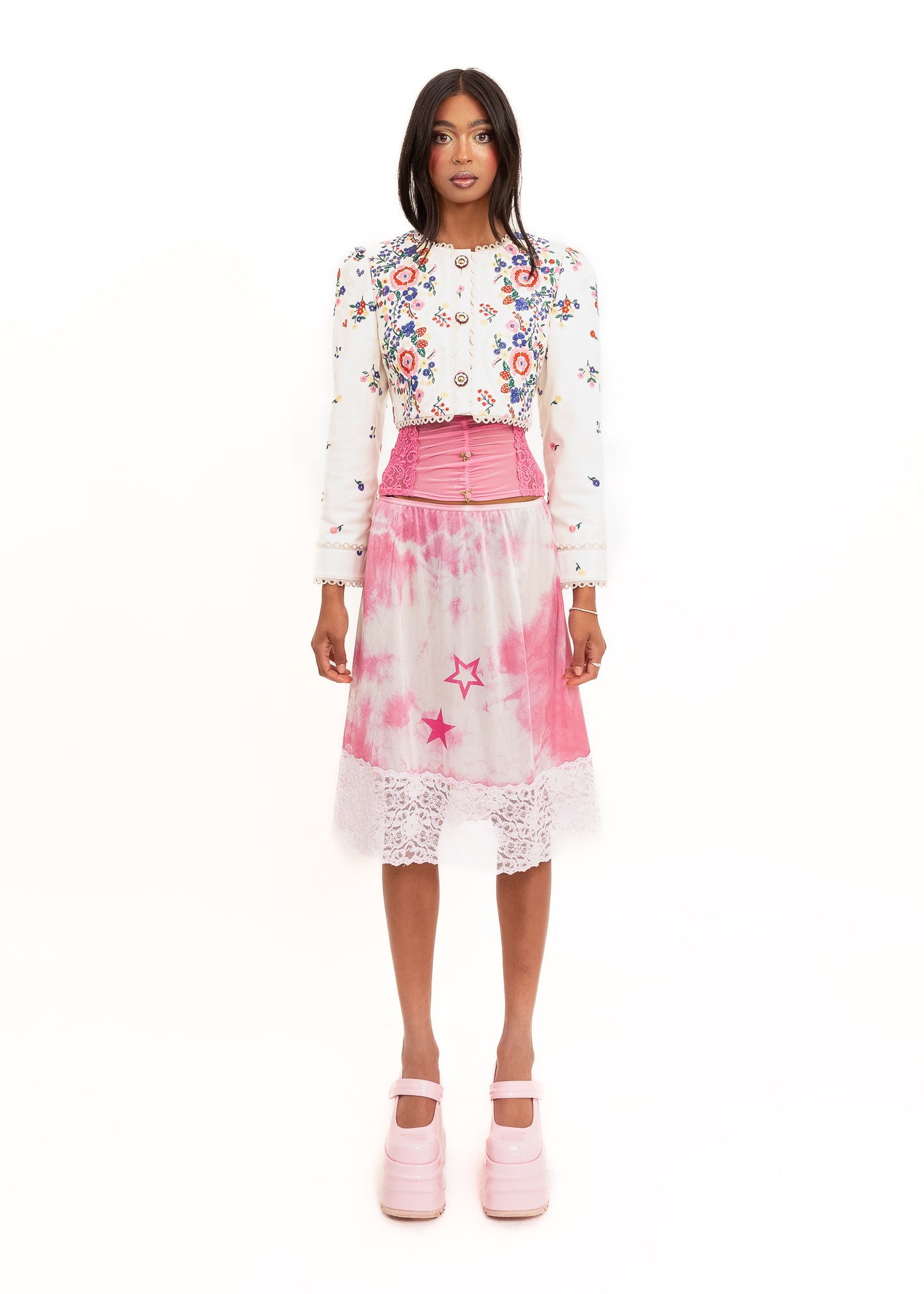 Embroidered puff sleeve vinyl jacket
