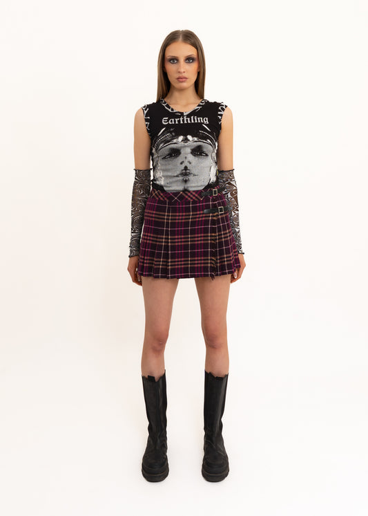 Tartan pleated wool mini skirt with leather buckles