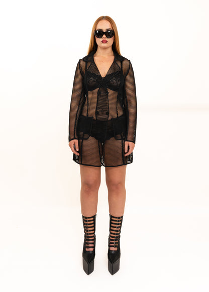 Fishnet mesh trench coat